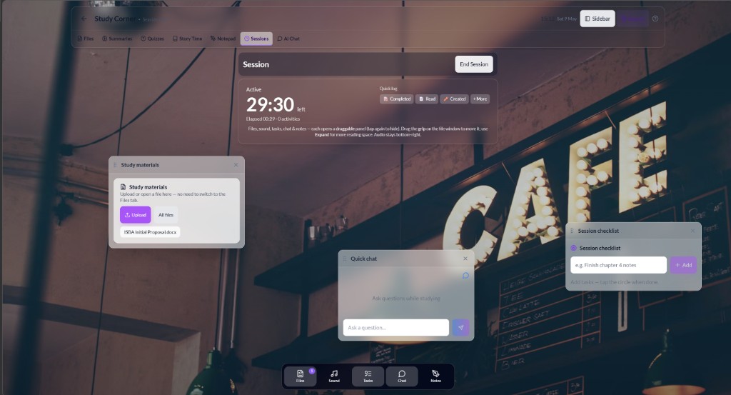 Study Corner — sessions, files, and tools
