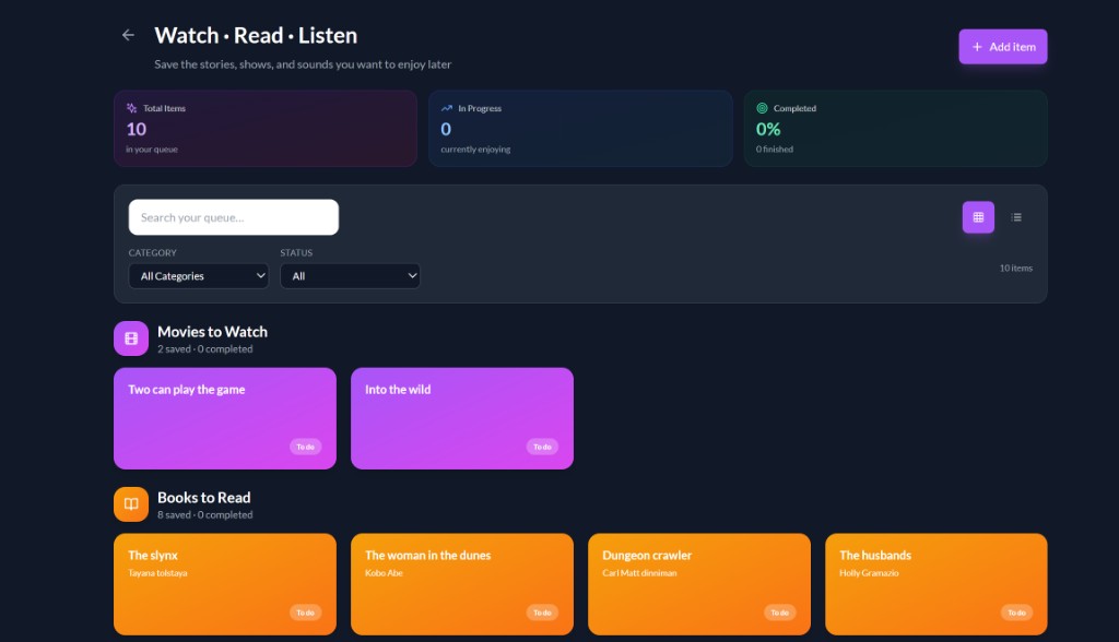 Watch · Read · Listen — library grid, filters, movies and books